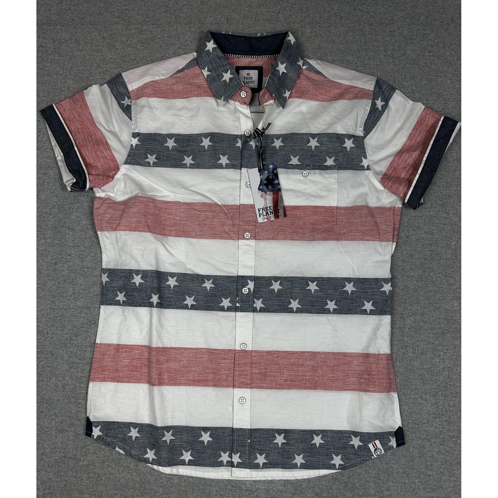 Free Planet Shirt Mens M USA Flag Stars Stripes Short Sleeve America Patriotic